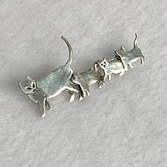 VTG Sterling Silver Mama Cat 3 Kittens Brooch Great Falls Metal Works GFMW 925 - Picture 3 of 11
